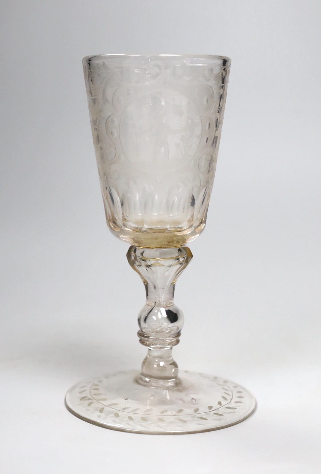 A 19th century Dutch? engraved glass goblet, 19cms high